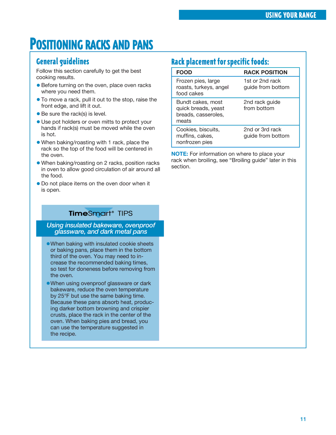 Whirlpool RF325PXE Positioning Racks and Pans, General guidelines, Rack placement for specific foods, Food Rack Position 