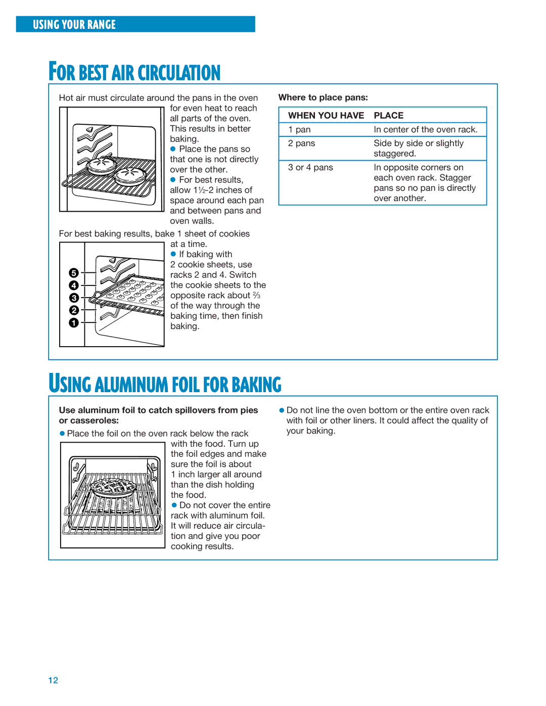 Whirlpool RF324PXE For Best AIR Circulation, Using Aluminum Foil for Baking, Where to place pans, When YOU have Place 