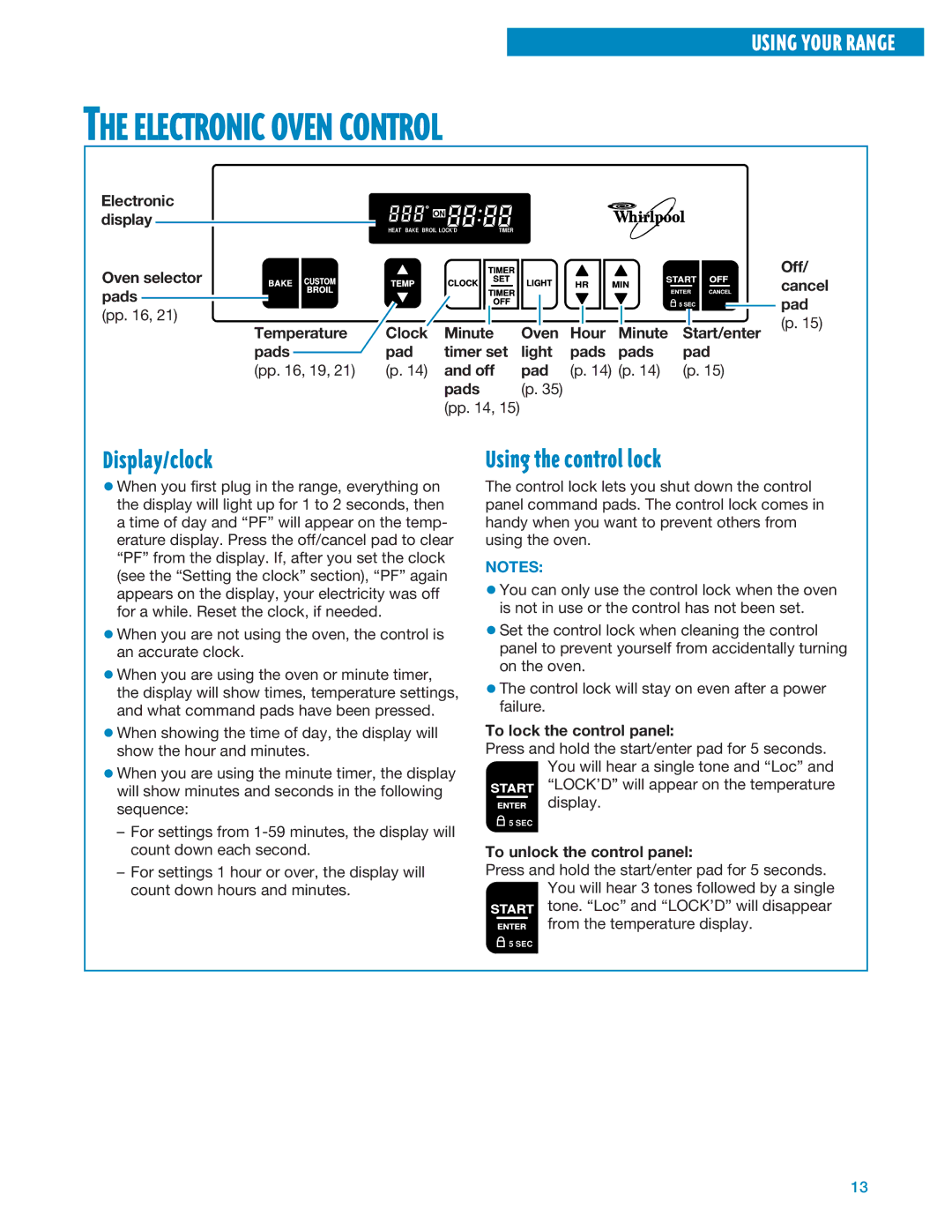 Whirlpool RF325PXE, RF324PXE manual Electronic Oven Control, Display/clock, Using the control lock 