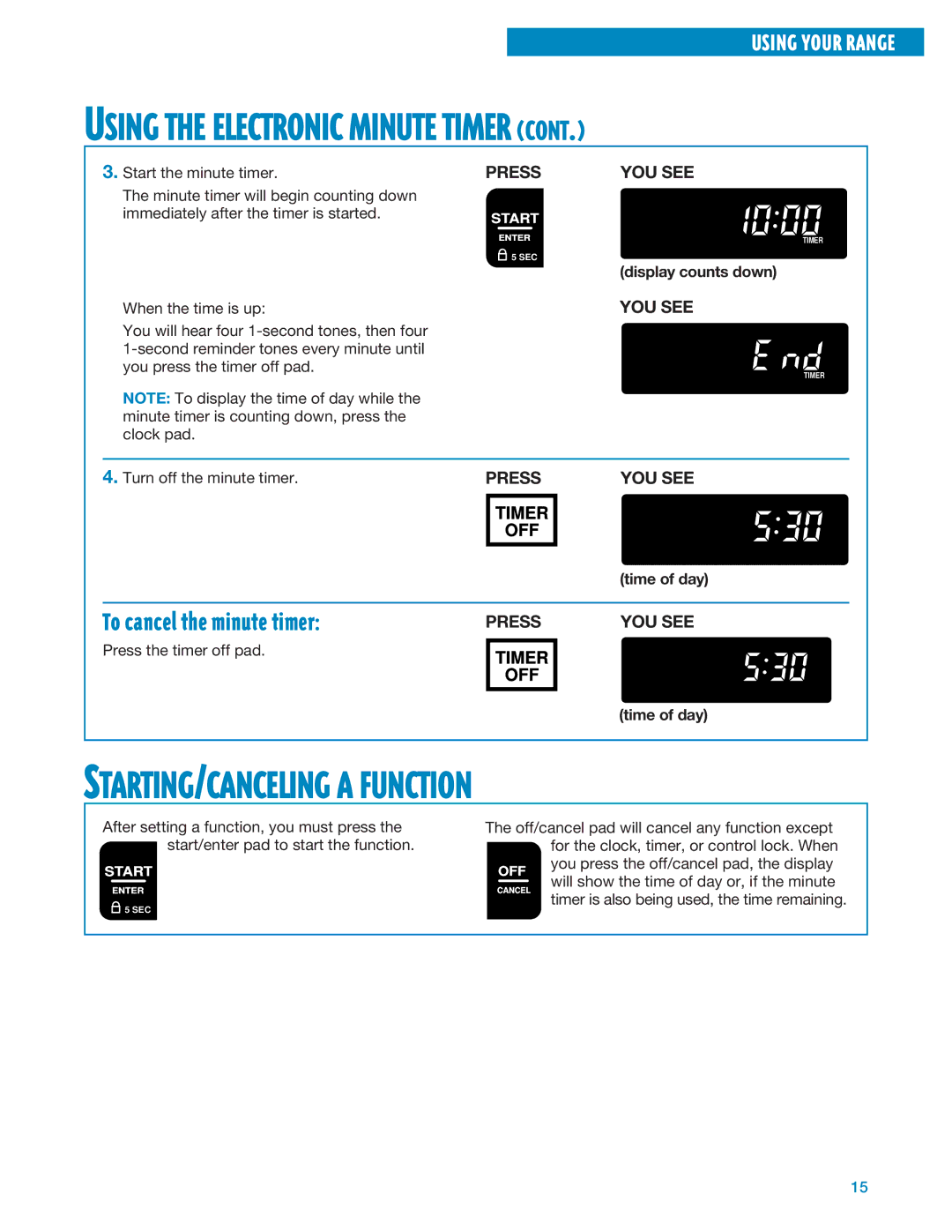 Whirlpool RF325PXE, RF324PXE manual STARTING/CANCELING a Function, To cancel the minute timer 