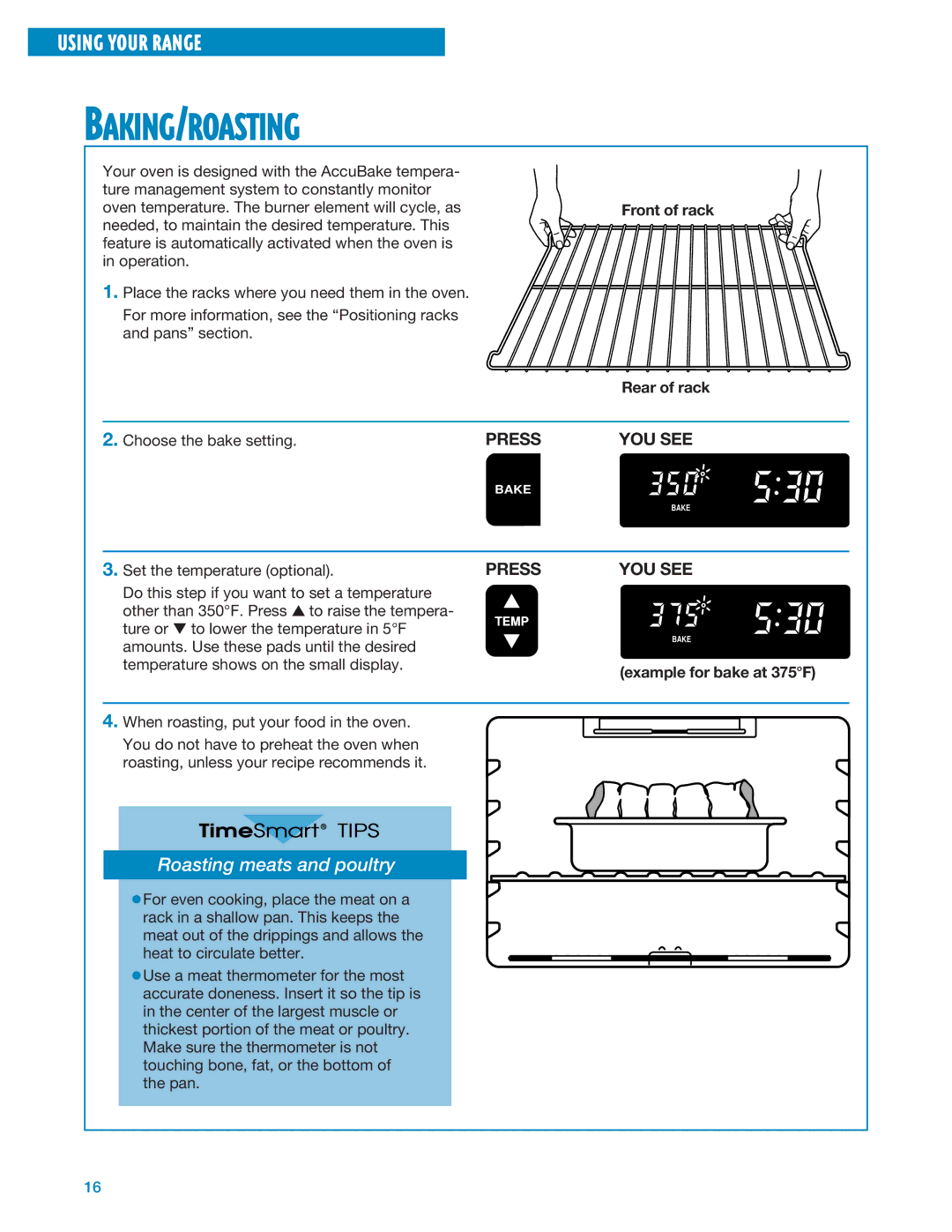 Whirlpool RF324PXE, RF325PXE manual Baking/Roasting, Roasting meats and poultry, Rear of rack, Example for bake at 375F 