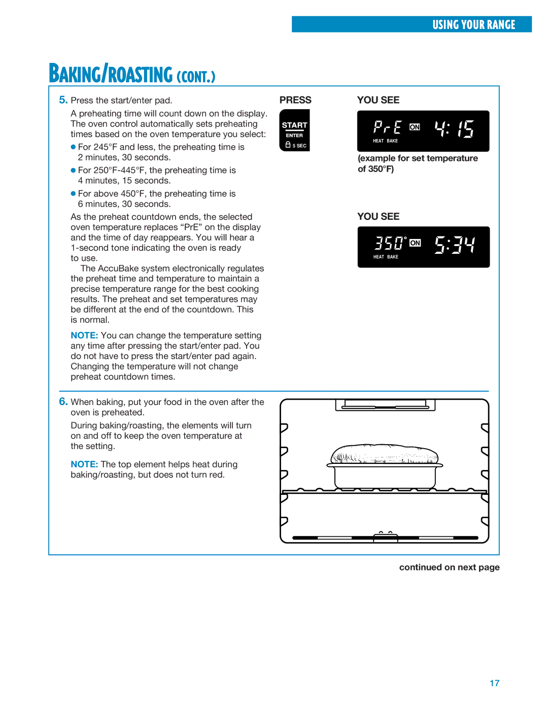 Whirlpool RF325PXE, RF324PXE manual Example for set temperature of 350F, On next 