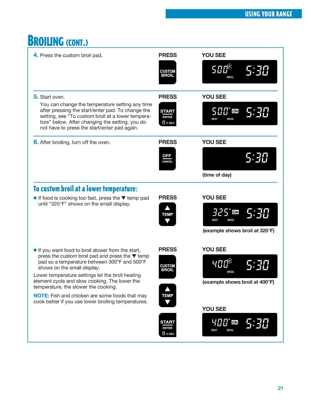 Whirlpool RF325PXE, RF324PXE manual Example shows broil at 325F, Example shows broil at 400F 