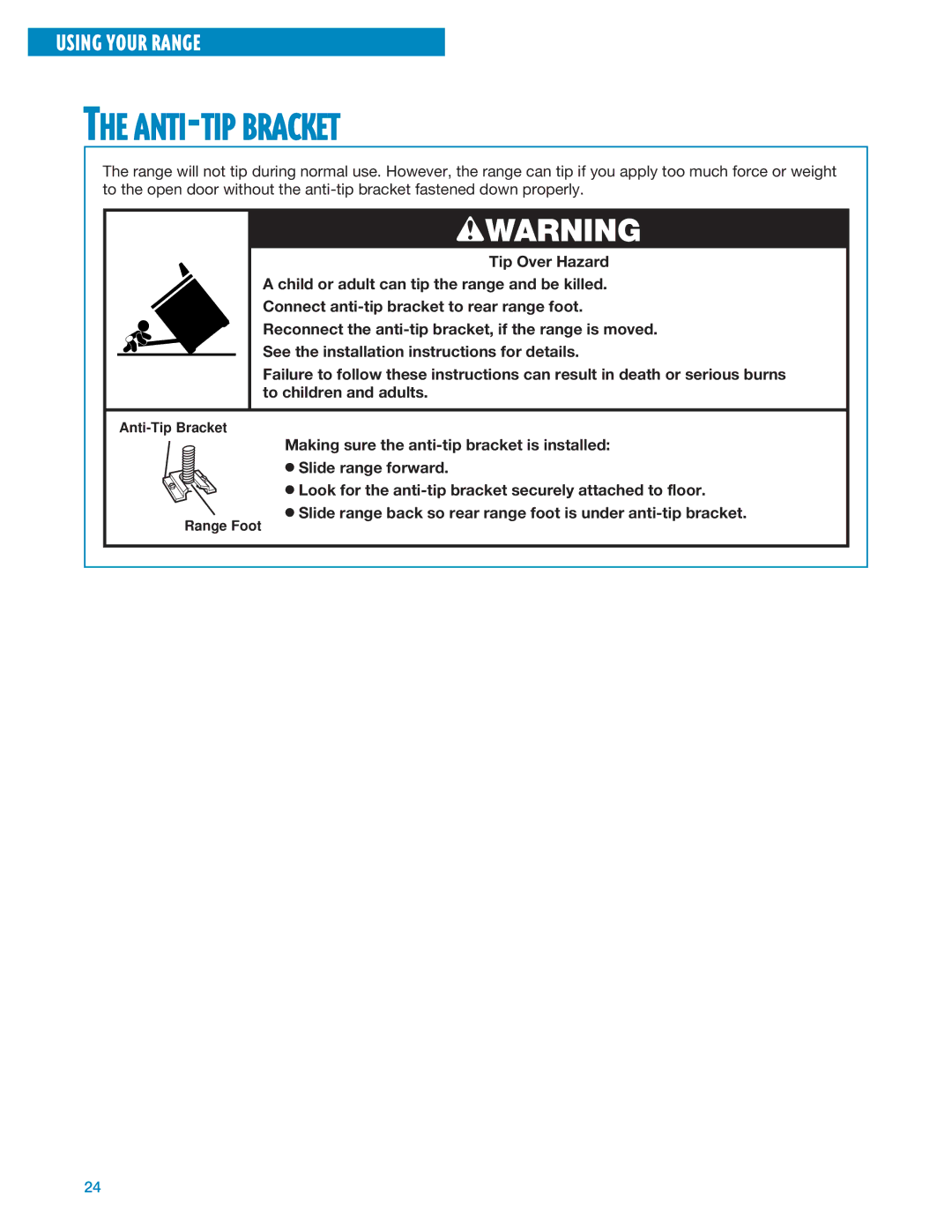 Whirlpool RF324PXE, RF325PXE manual ANTI-TIP Bracket, Wwarning 