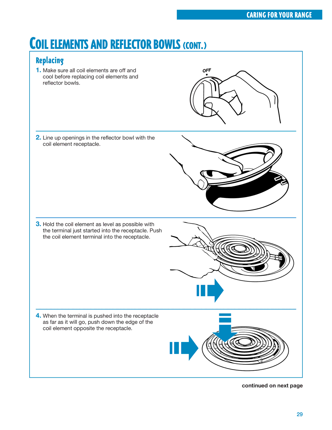 Whirlpool RF325PXE, RF324PXE manual Coil Elements and Reflector Bowls, Replacing 