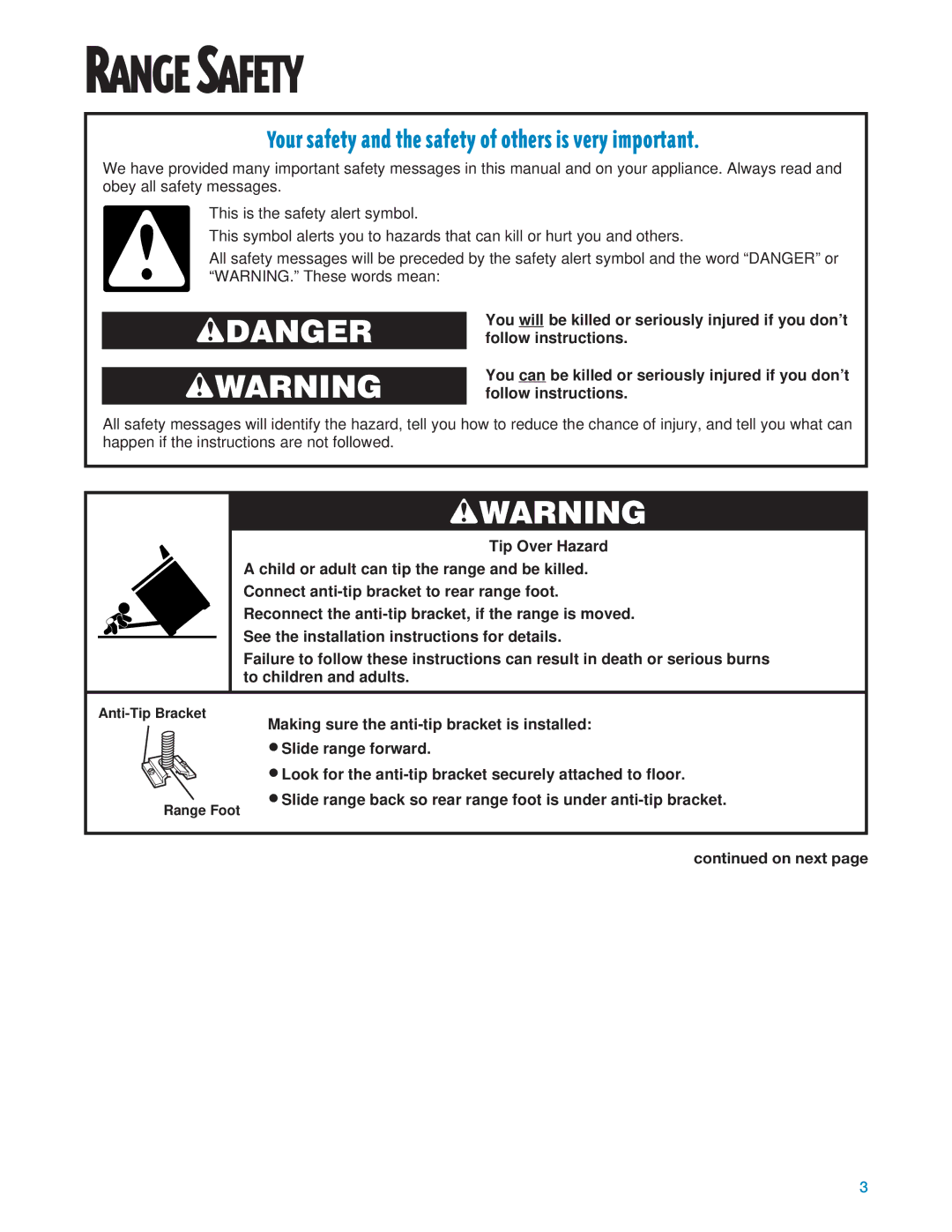 Whirlpool RF325PXE, RF324PXE manual Range Safety, On next 