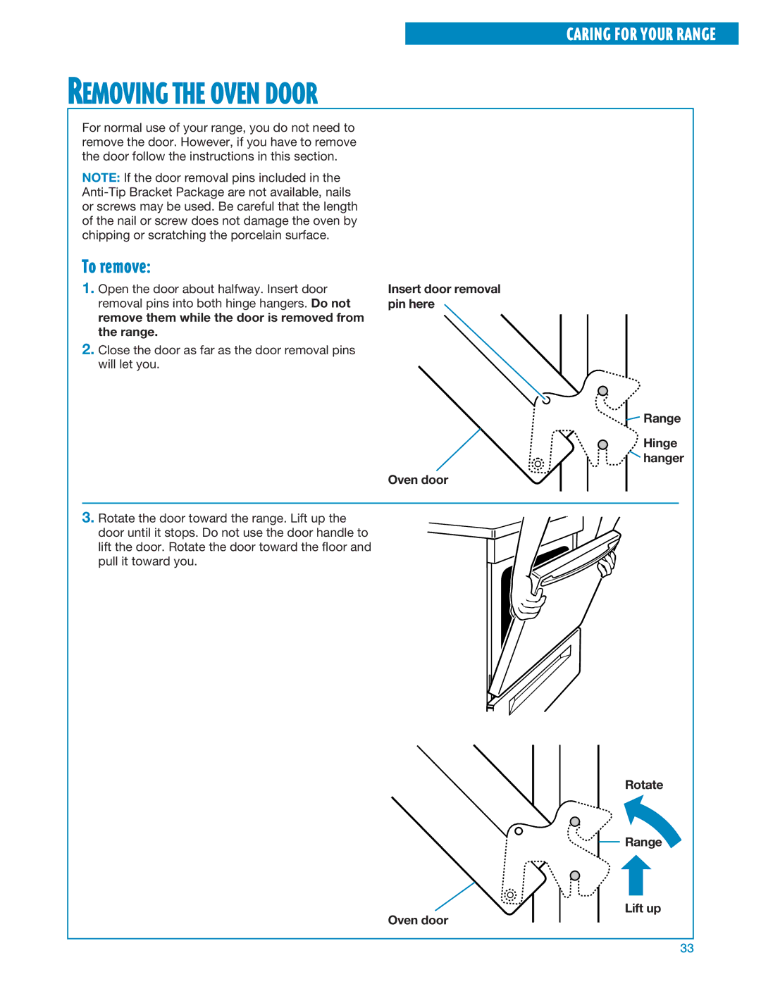 Whirlpool RF325PXE, RF324PXE manual Removing the Oven Door, To remove 