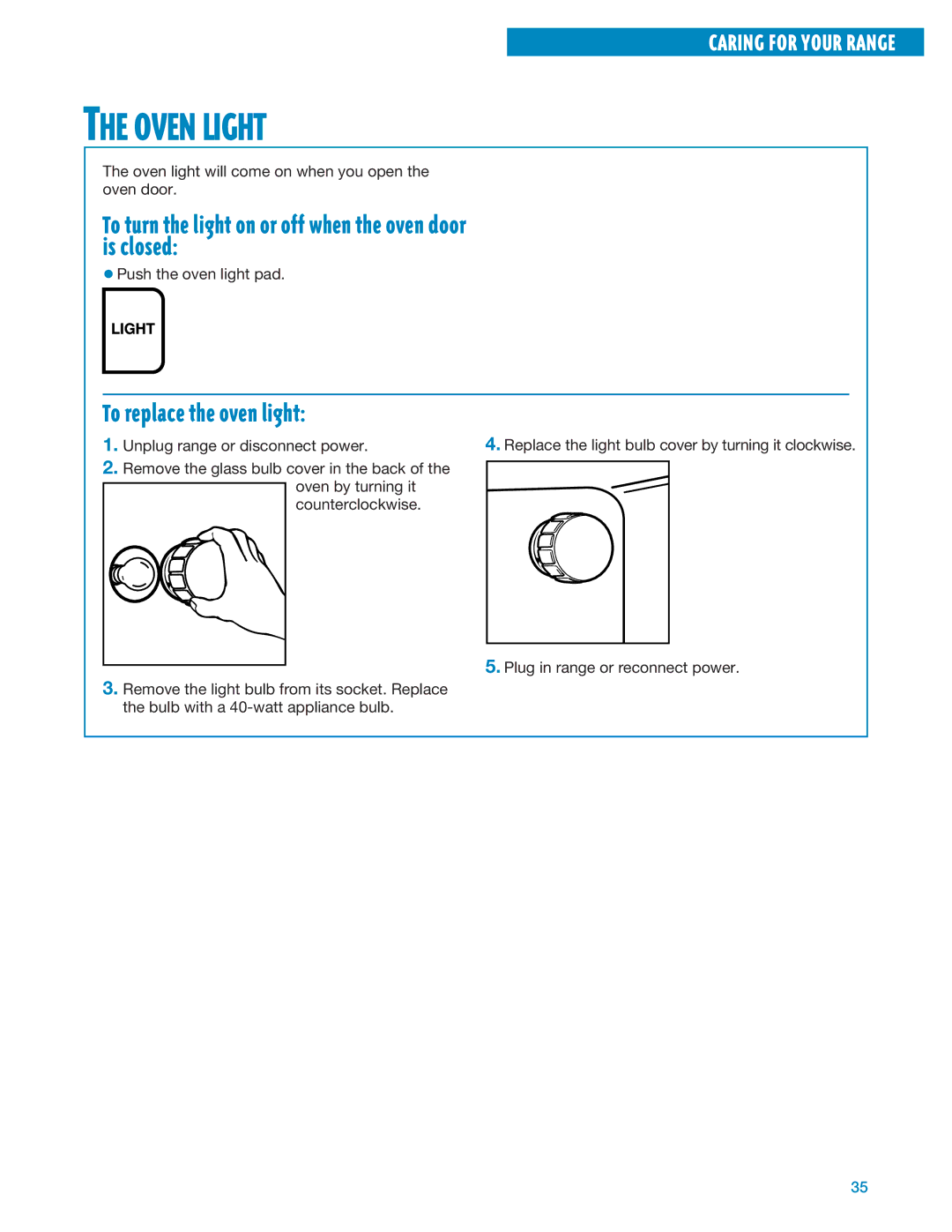 Whirlpool RF325PXE, RF324PXE manual Oven Light, To replace the oven light 