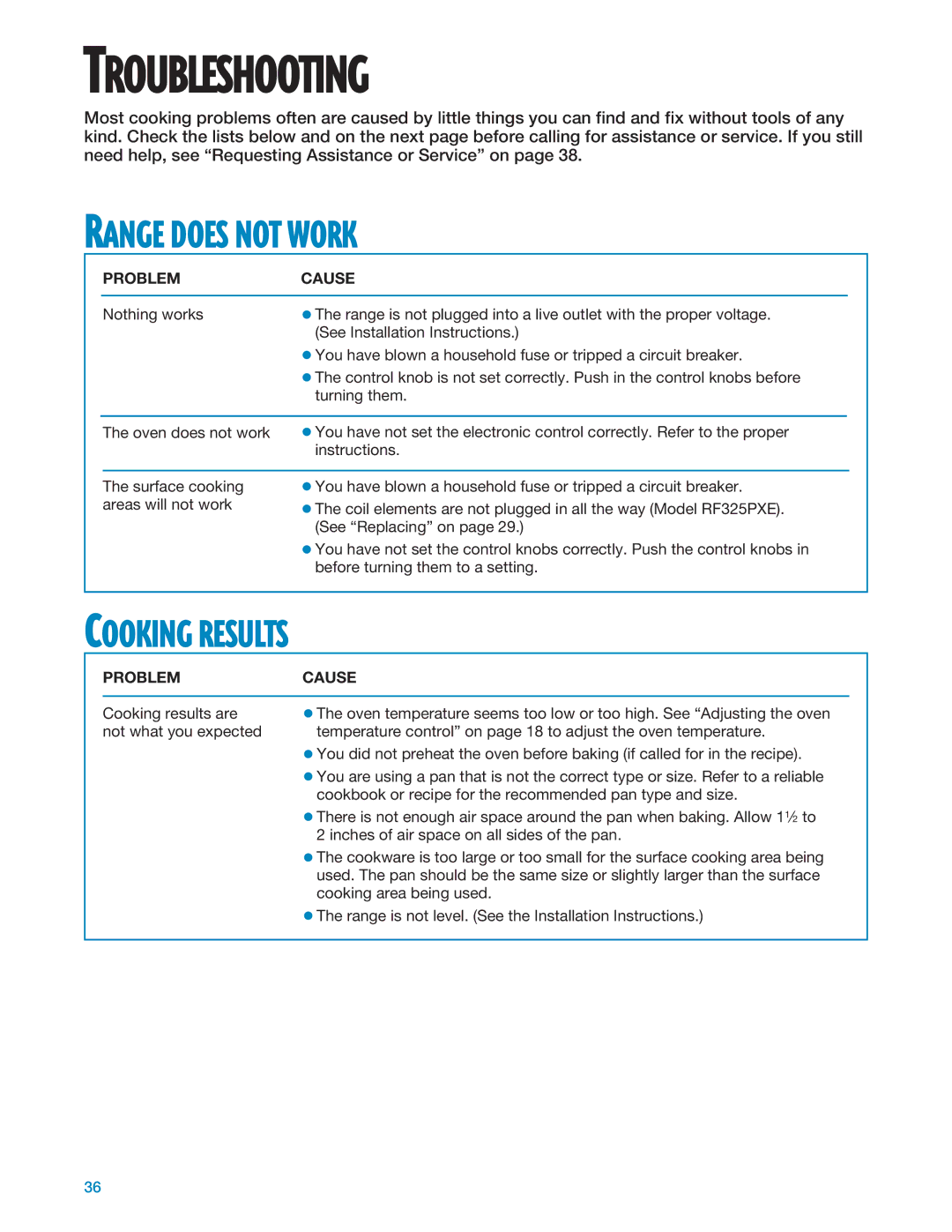 Whirlpool RF324PXE, RF325PXE manual Troubleshooting, Range does not Work, Cooking Results, Problem Cause 