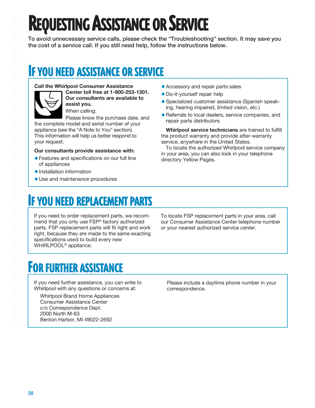 Whirlpool RF324PXE manual If YOU Need Replacement Parts, For Further Assistance, Our consultants provide assistance with 