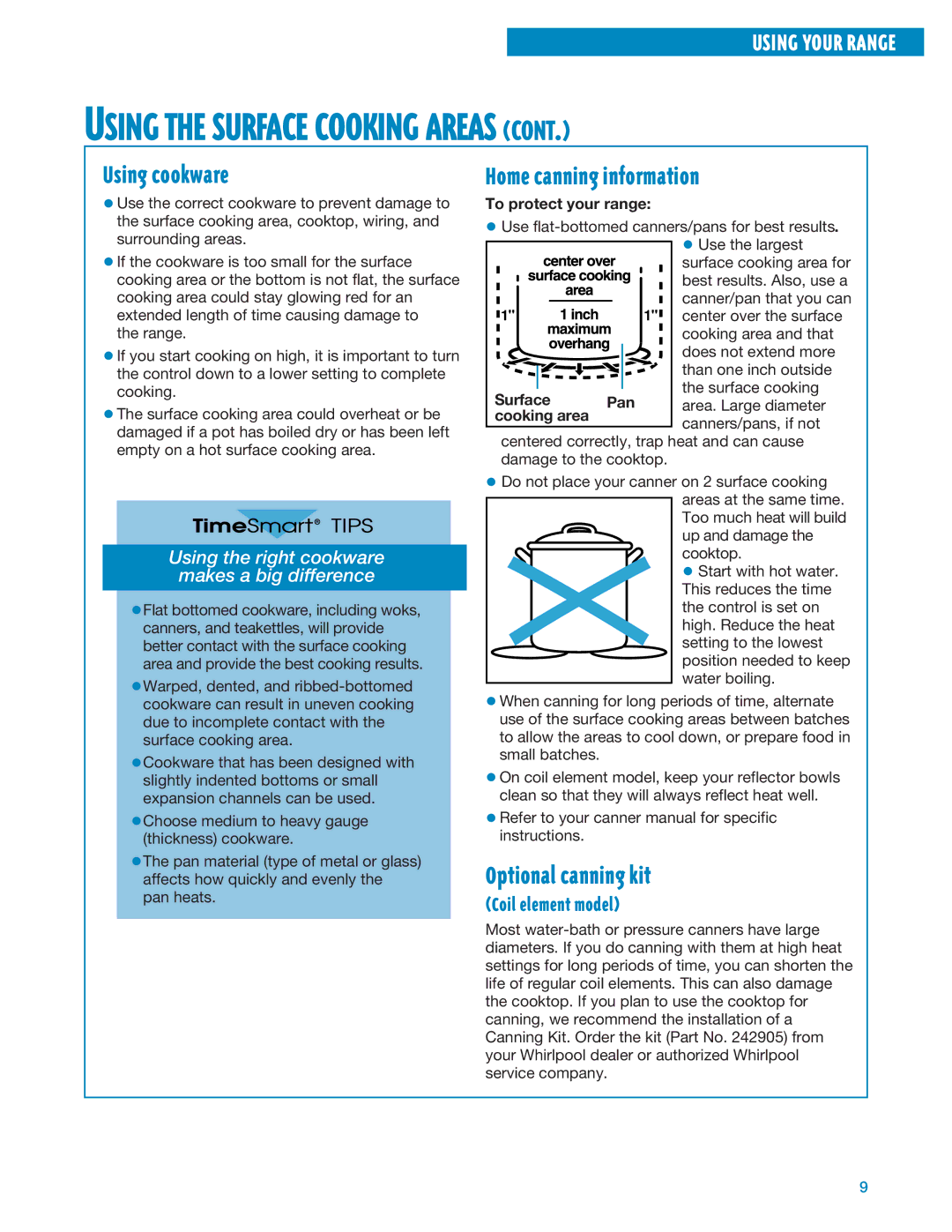 Whirlpool RF325PXE, RF324PXE manual Using cookware, Home canning information, Optional canning kit 