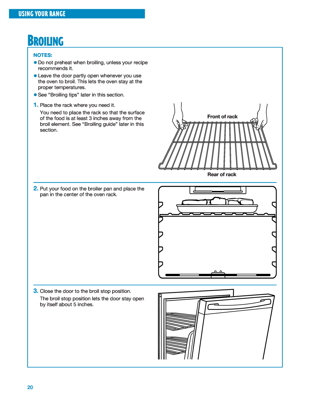 Whirlpool RF324PXE, RF325PXE manual Broiling, Using Your Range, Front of rack Rear of rack 