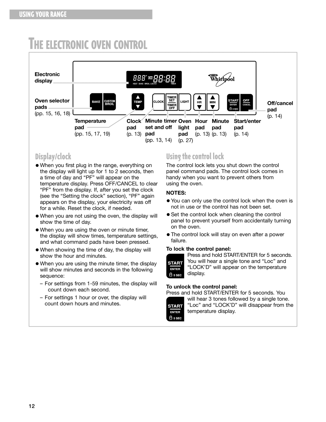 Whirlpool RF325PXG warranty Electronic Oven Control, Display/clock, Using the control lock 