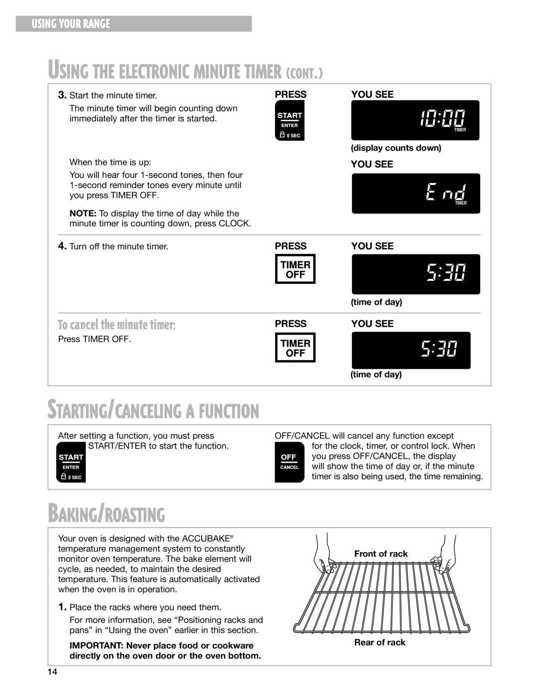 Whirlpool RF325PXG warranty STARTING/CANCELING a Function, Baking/Roasting, To cancel the minute timer 