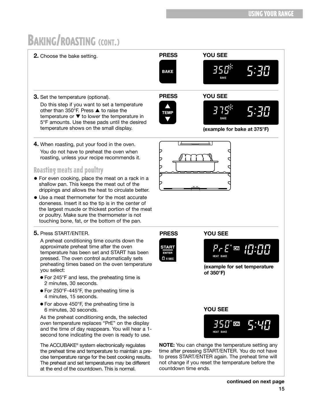 Whirlpool RF325PXG warranty Roasting meats and poultry, Example for bake at 375F, Example for set temperature of 350F 