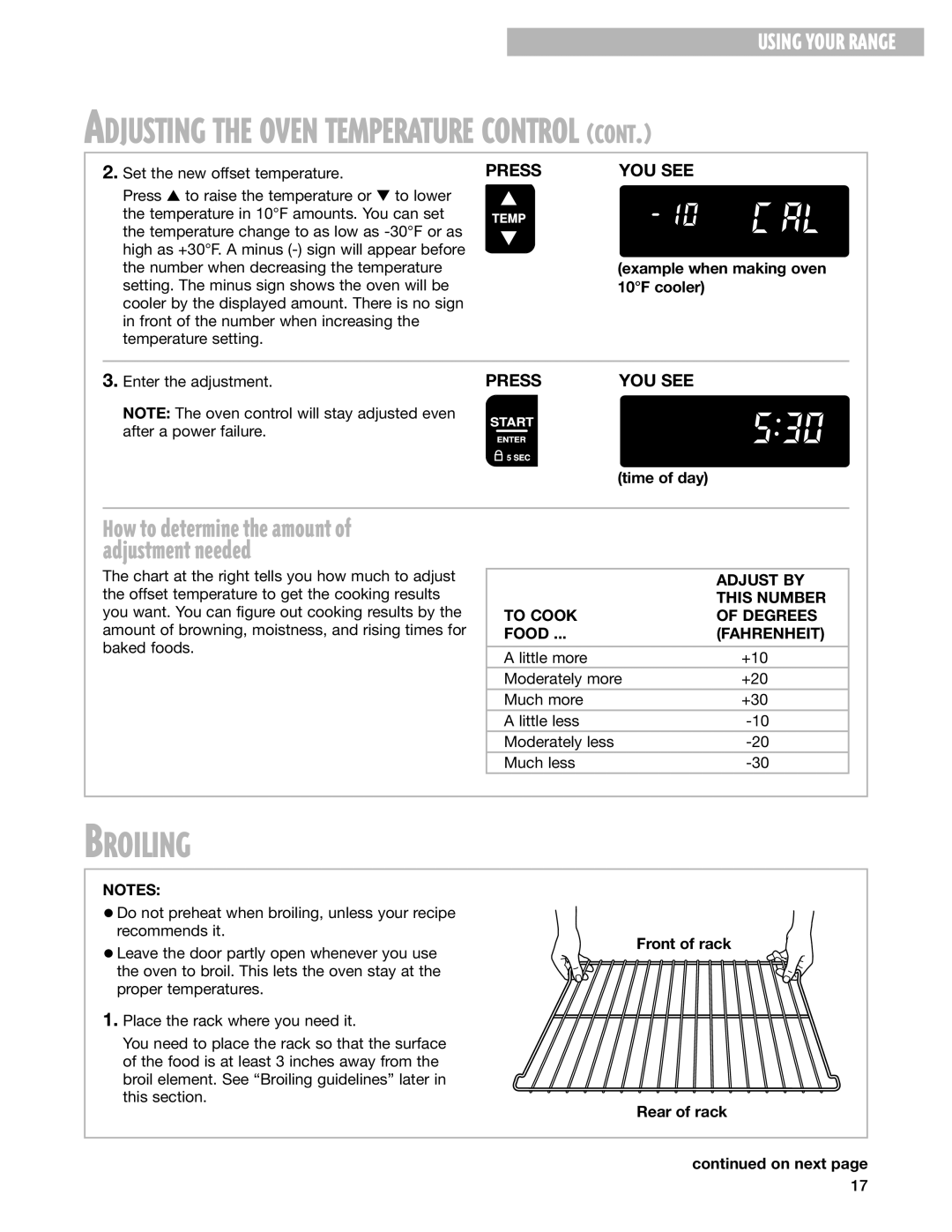 Whirlpool RF325PXG warranty Broiling, Adjust by, This Number, To Cook Degrees, Fahrenheit 