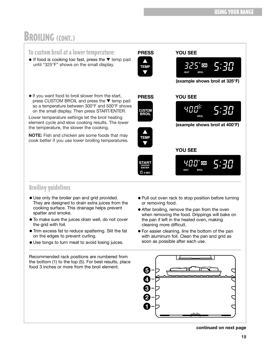 Whirlpool RF325PXG warranty Broiling guidelines, Example shows broil at 325F, Example shows broil at 400F 