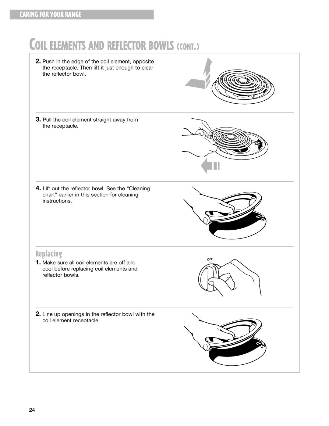 Whirlpool RF325PXG warranty Coil Elements and Reflector Bowls, Replacing 