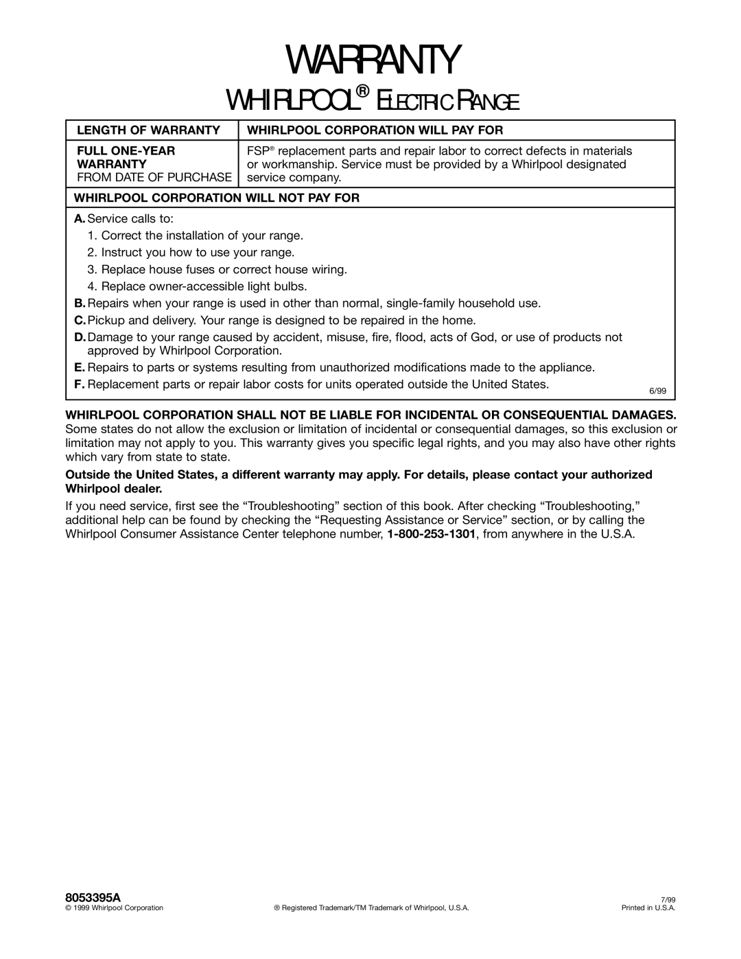 Whirlpool RF325PXG warranty Warranty, Whirlpool Corporation will not PAY for 