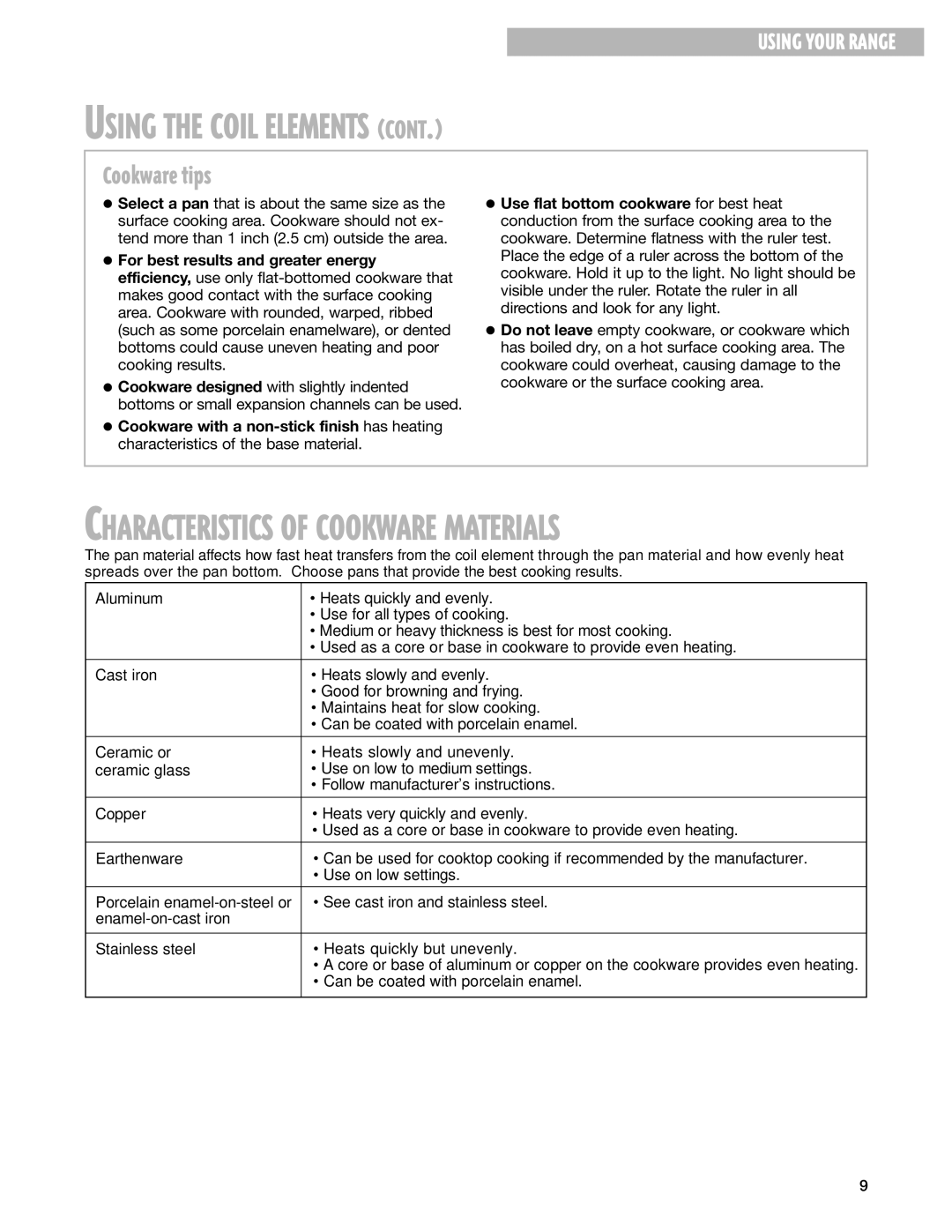 Whirlpool RF325PXG warranty Cookware tips, Use flat bottom cookware for best heat, For best results and greater energy 