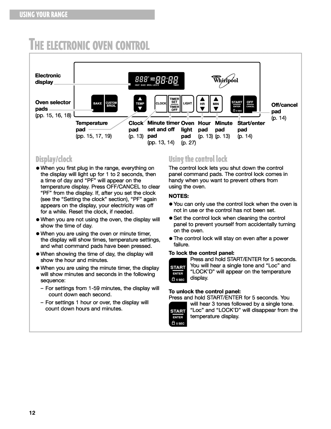 Whirlpool RF325PXG The Electronic Oven Control, Display/clock, Using the control lock, Using Your Range, display, pads, pp 