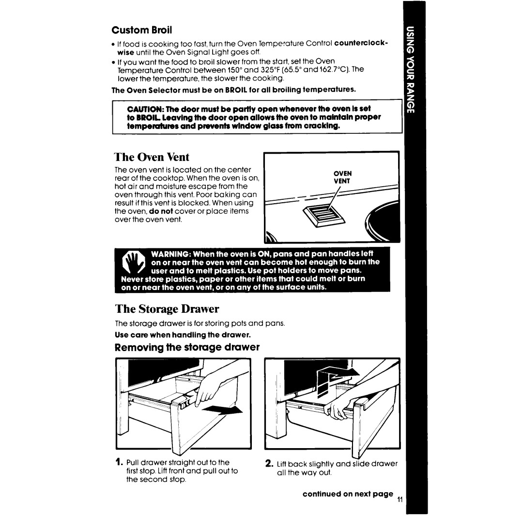 Whirlpool RF327PXP manual Oven Vent, Storage Drawer, Custom Broil 