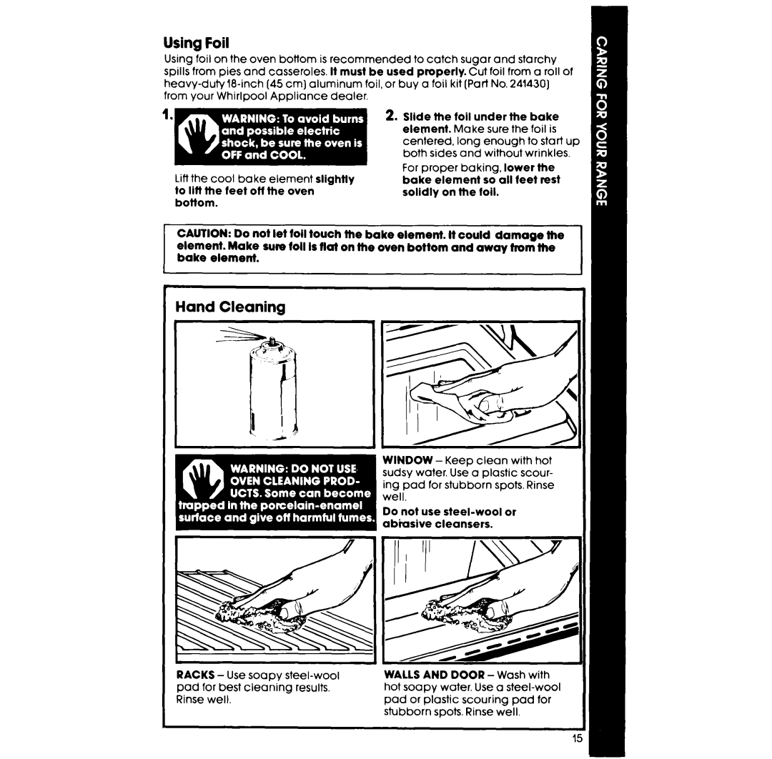 Whirlpool RF327PXP manual Using Foil, Hand Cleaning 