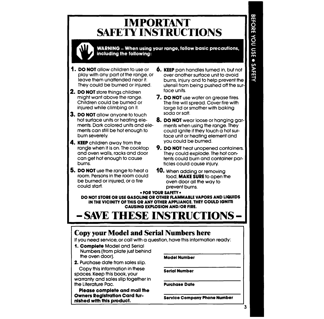 Whirlpool RF327PXP manual Safety Instructions, Copy your Model and Serial Numbers here 