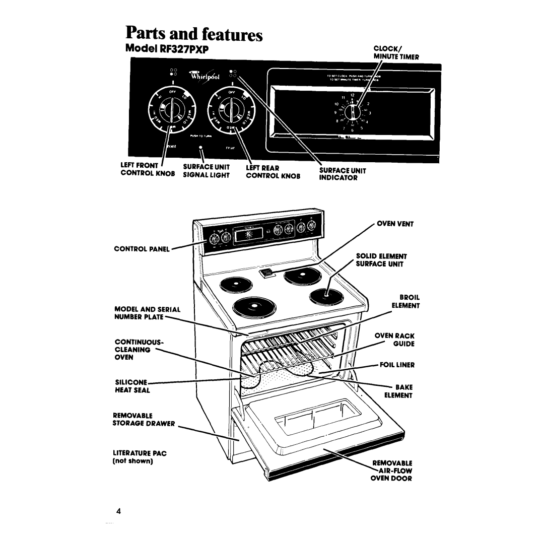 Whirlpool manual Parts and features, Model RF327PXP, Clock, Oven Door 