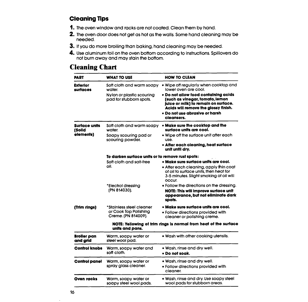 Whirlpool RF327PXP manual Cleaning Chart, Cleaning Tips 
