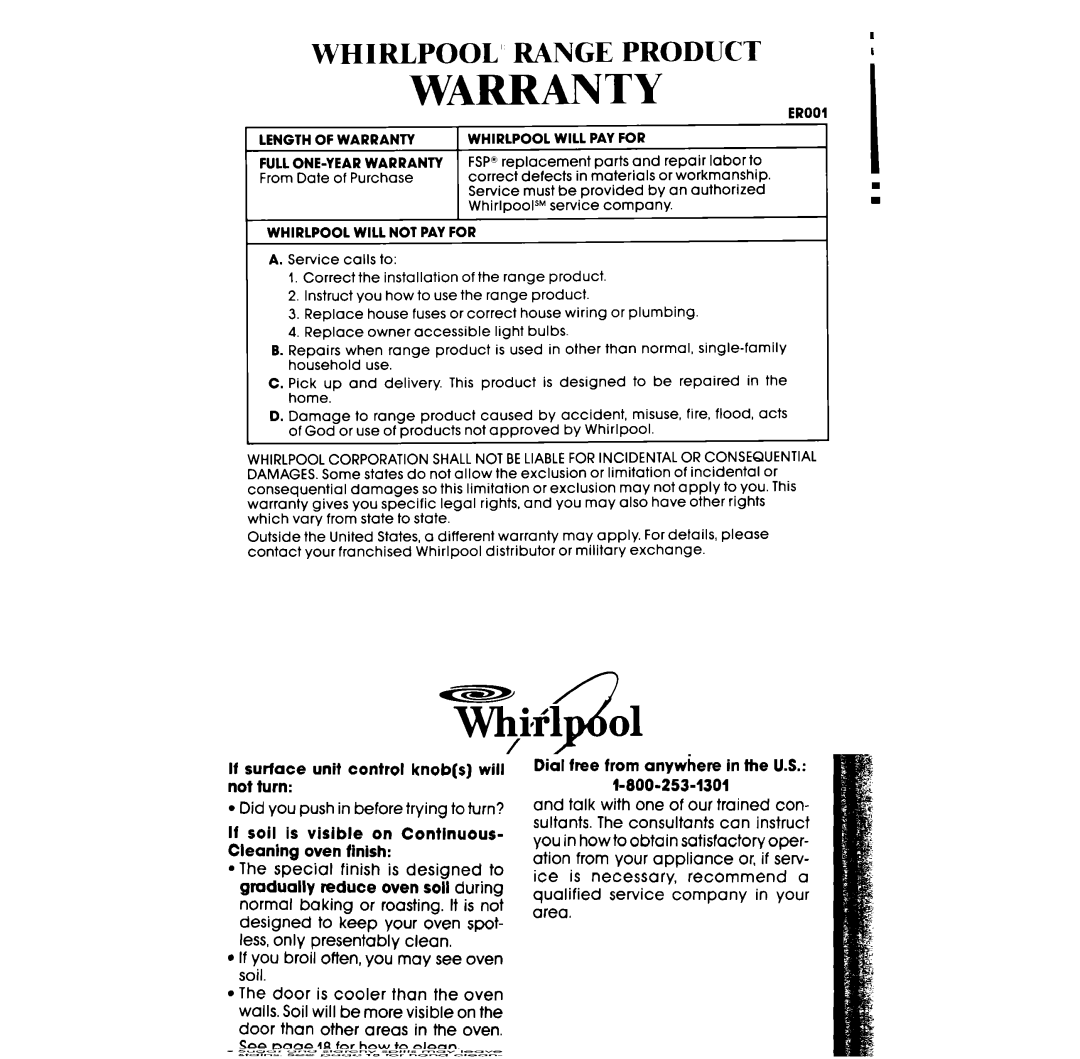 Whirlpool RF327PXV manual Warranty 