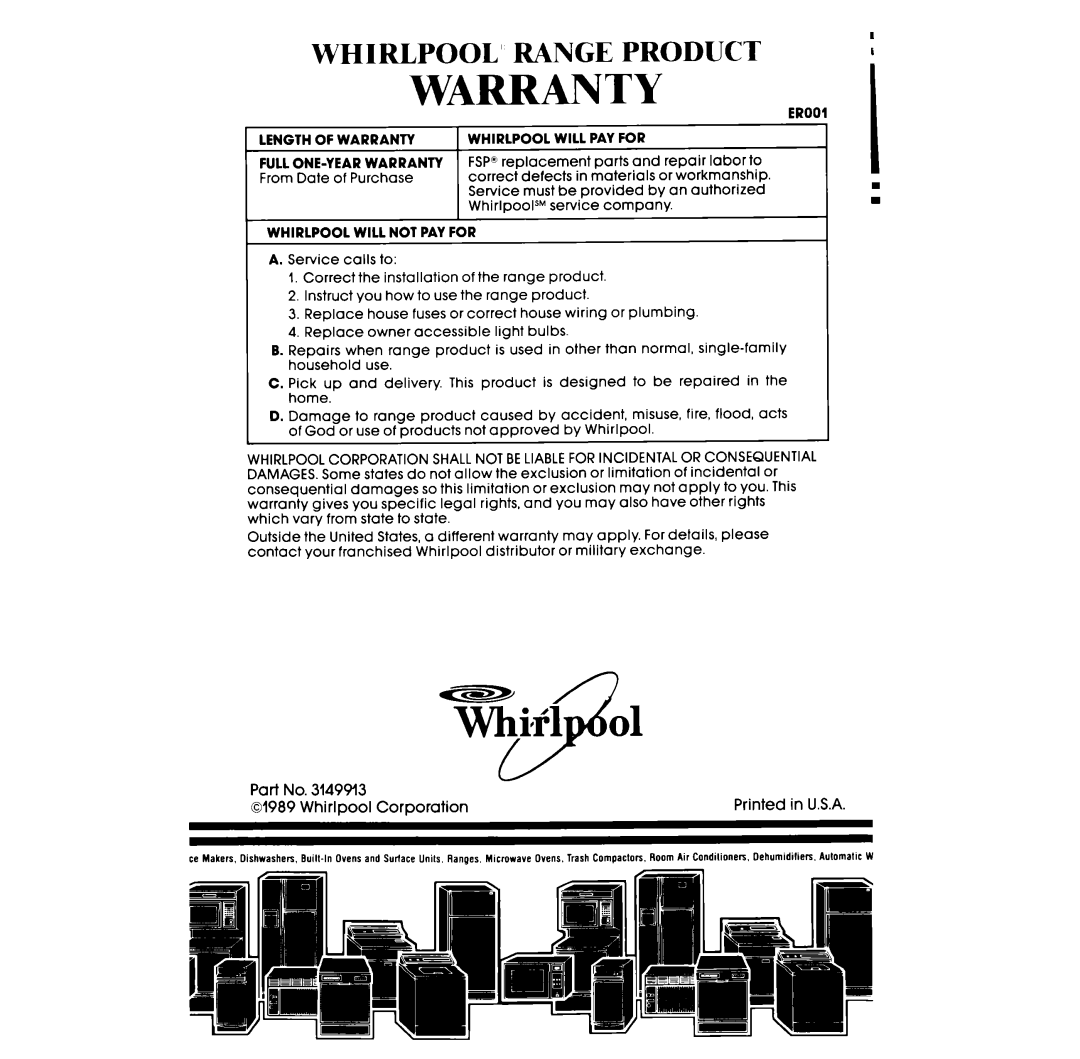 Whirlpool RF327PXV manual Whirlpool’ Range Product, Warranty 