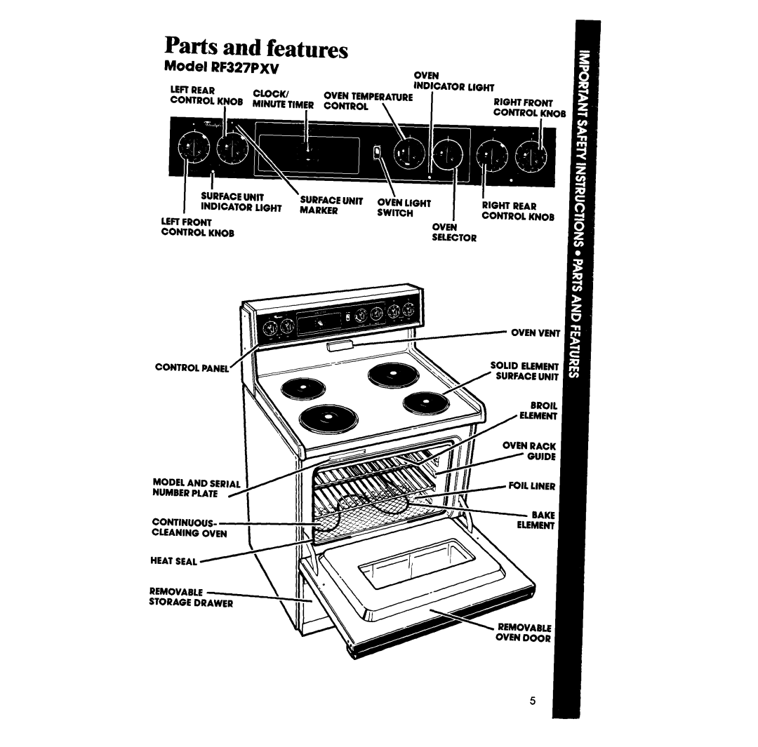 Whirlpool manual Parts and features, Model RF327PXV 