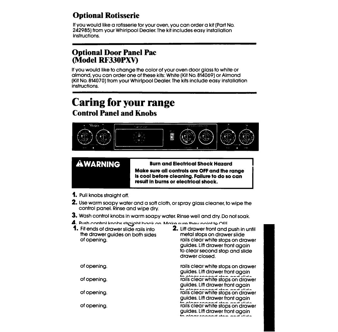 Whirlpool RF3300W manual Optional Rotisserie, Optional Door Panel Pat Model RF33OPXV, Control Panel and Knobs 