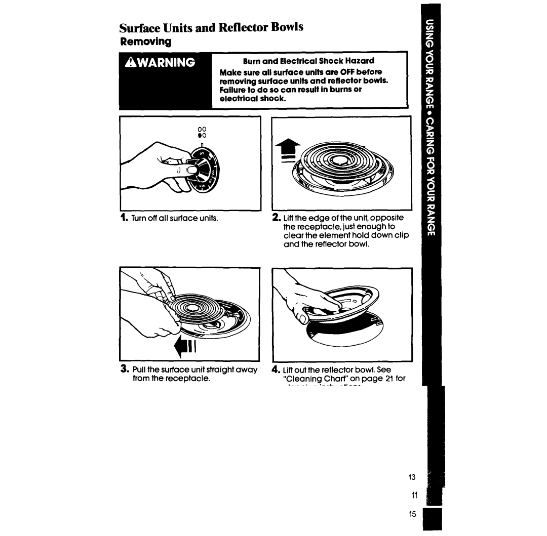 Whirlpool RF3300W manual Surface Units and Reflector Bowls, Removing 