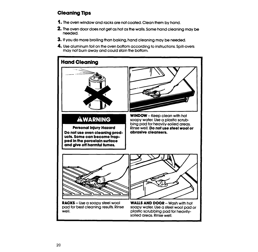 Whirlpool RF3300W manual Cleaning Tips, Hand Cleaning 