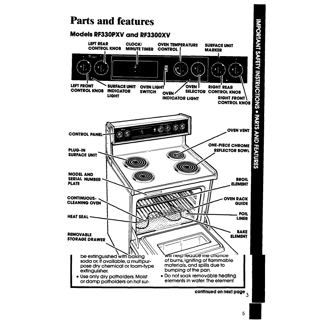 Whirlpool RF3300W manual Parts and features, Models RF330PXV and RF3300XV 