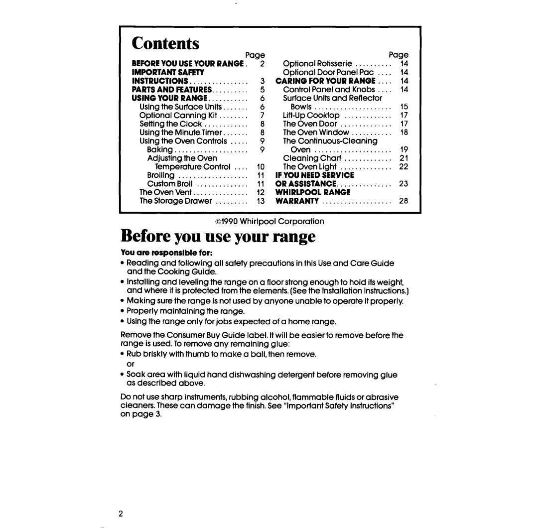 Whirlpool RF3300W manual Contents, Before you use your range 