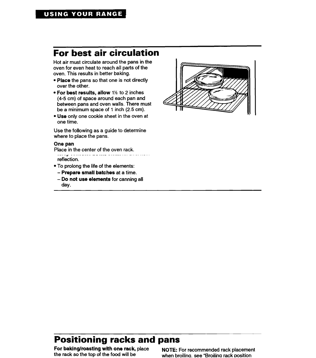 Whirlpool RF330PXA warranty For best air circulation, One pan, Two pans, Three or four pans 