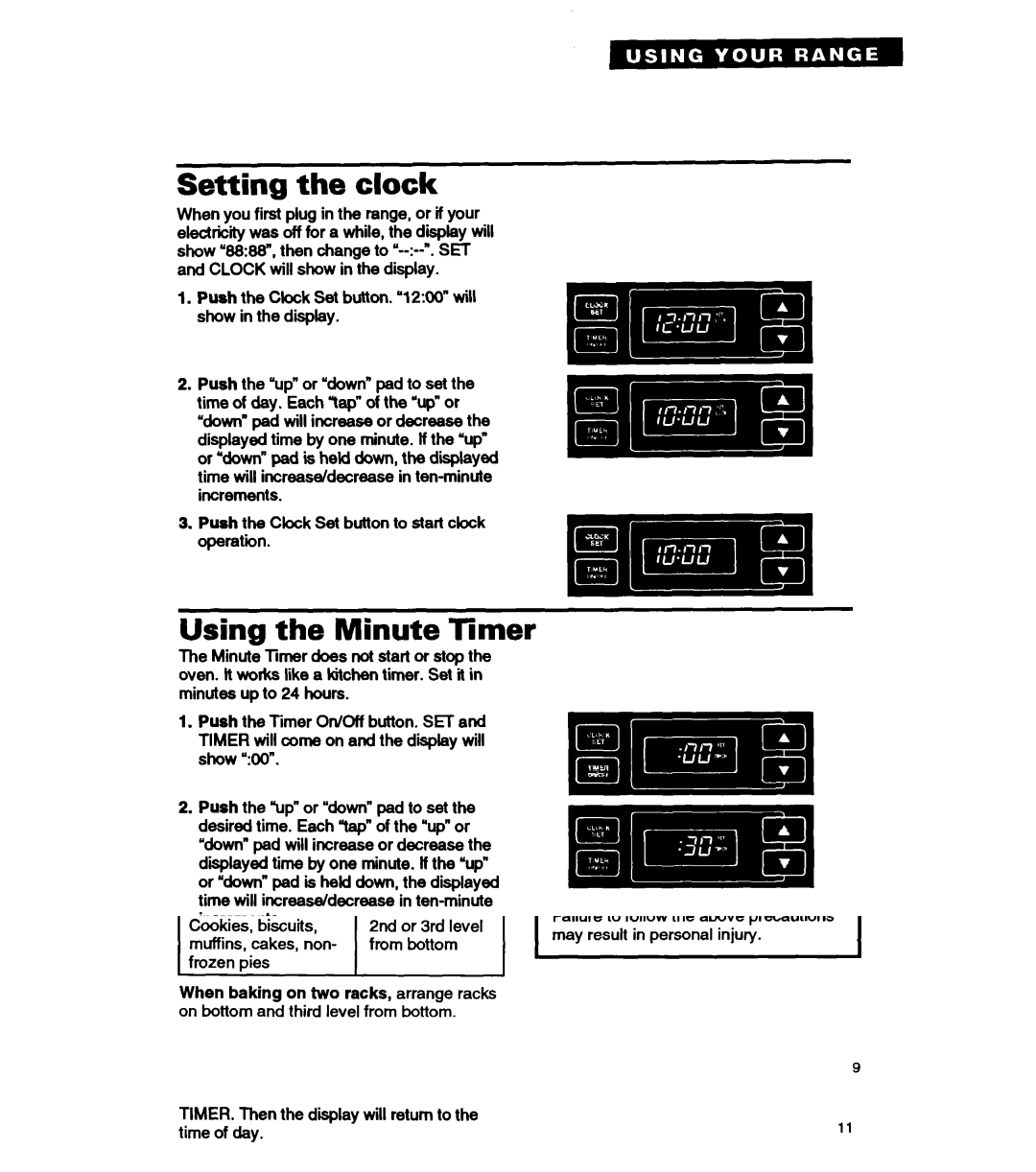 Whirlpool RF330PXA warranty Setting the clock, Using the Minute Timer 