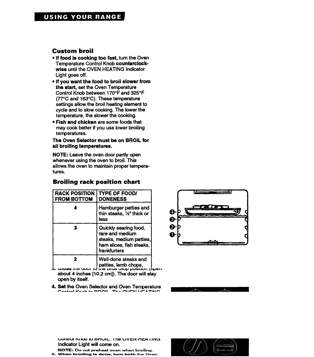 Whirlpool RF330PXA warranty Custom broil, Broiling rack position chart, Rack Position i Type of Food From BOllOM 1DONENESS 