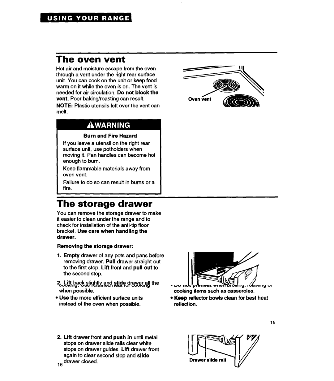 Whirlpool RF330PXA warranty Oven vent, Storage drawer, Burn and Fire Hazard, Removing the storage drawer 