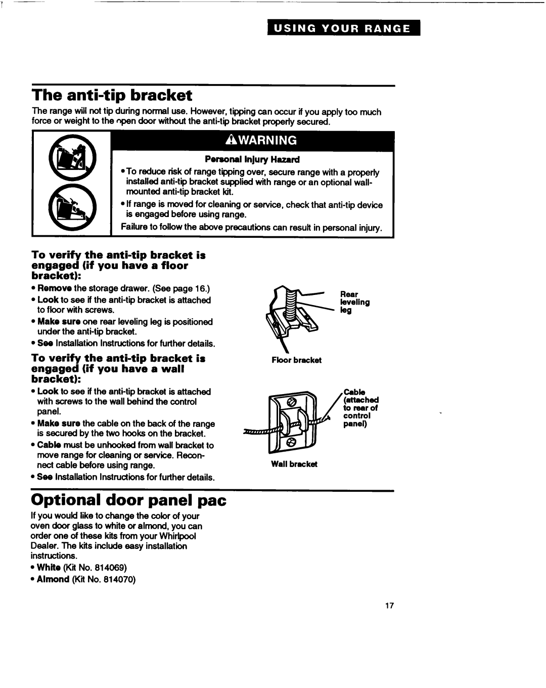 Whirlpool RF330PXA warranty Anti-tip bracket, Optional door panel pat 