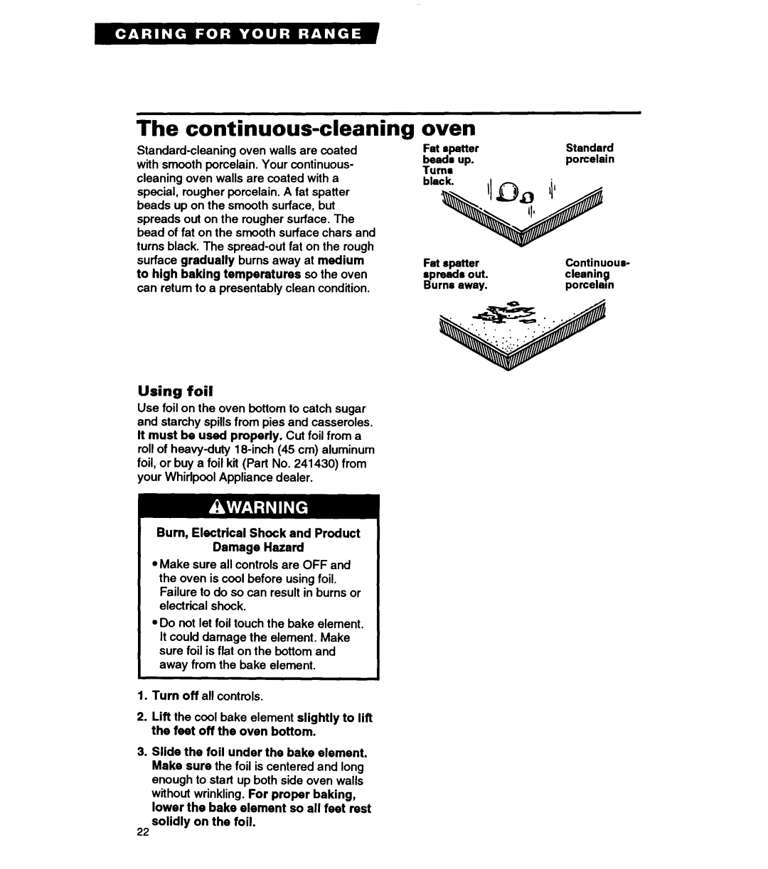 Whirlpool RF330PXA warranty Continuous-cleaning, Oven, Using foil, Burn, Electrical Shock and Product Damage Hazard 
