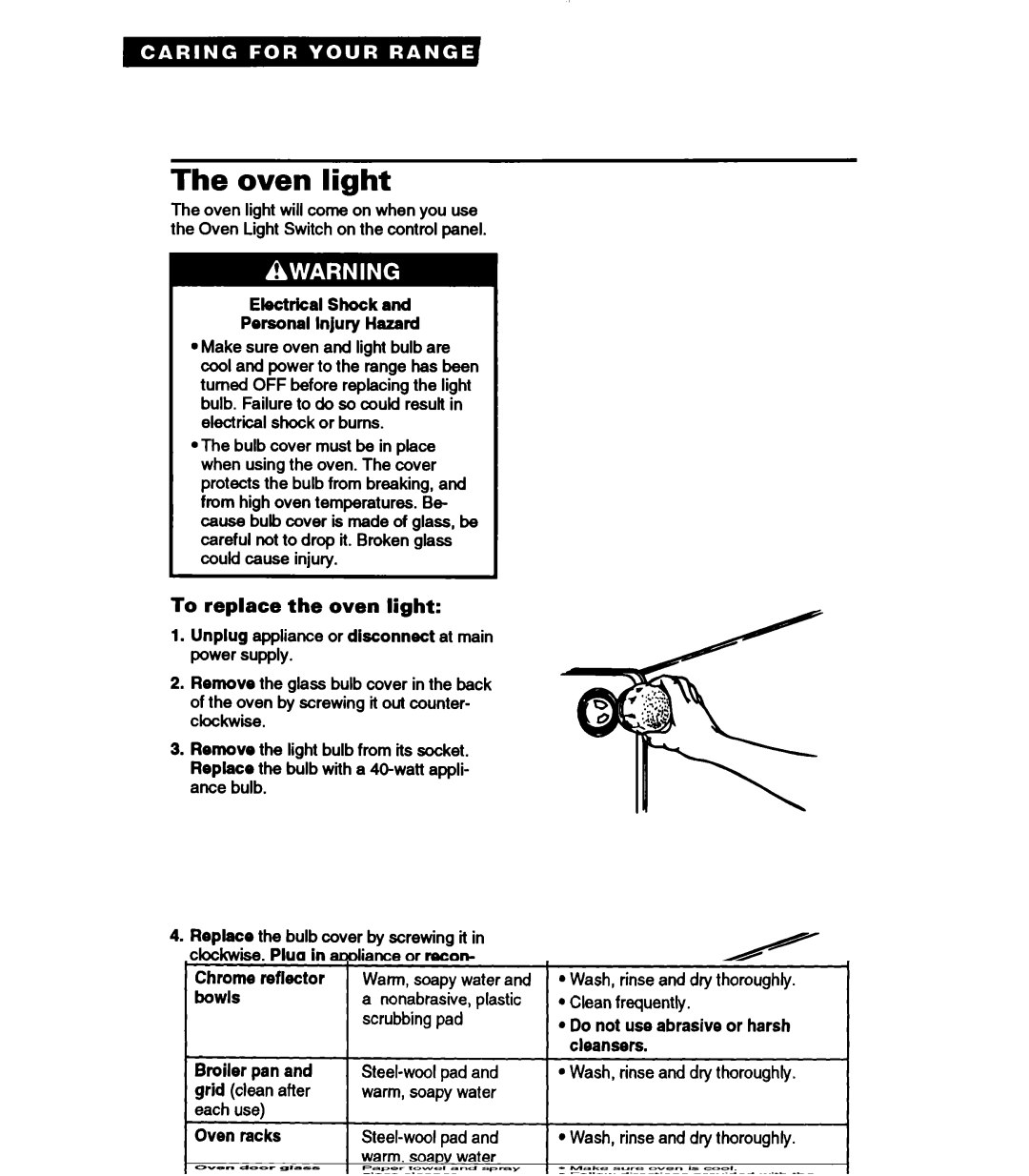 Whirlpool RF330PXA warranty Oven light, To replace the oven light, Electrical Shock Personal Injury Hazard 