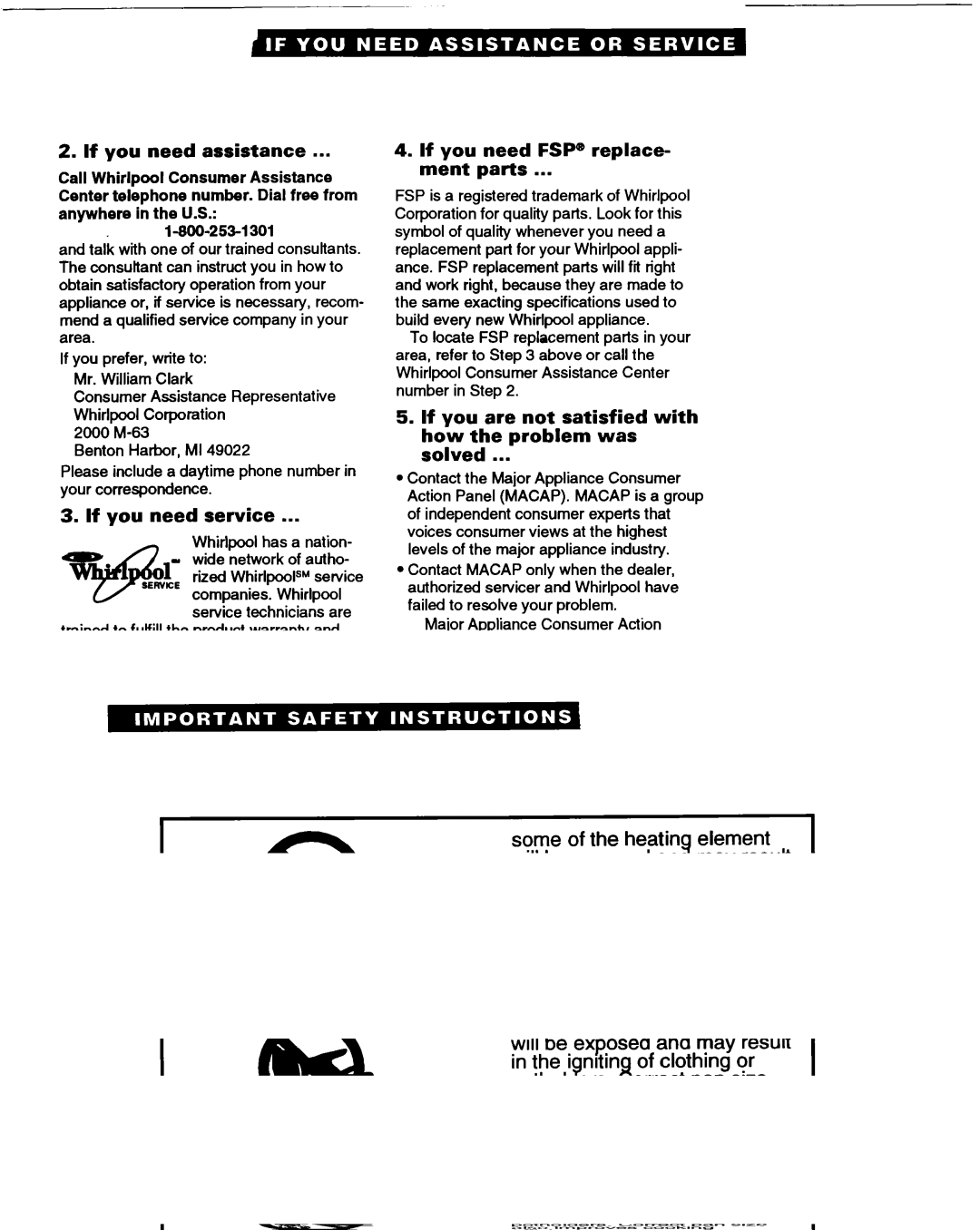 Whirlpool RF330PXA warranty If you need assistance, If you need service, If you need FSP@ replace- ment parts 