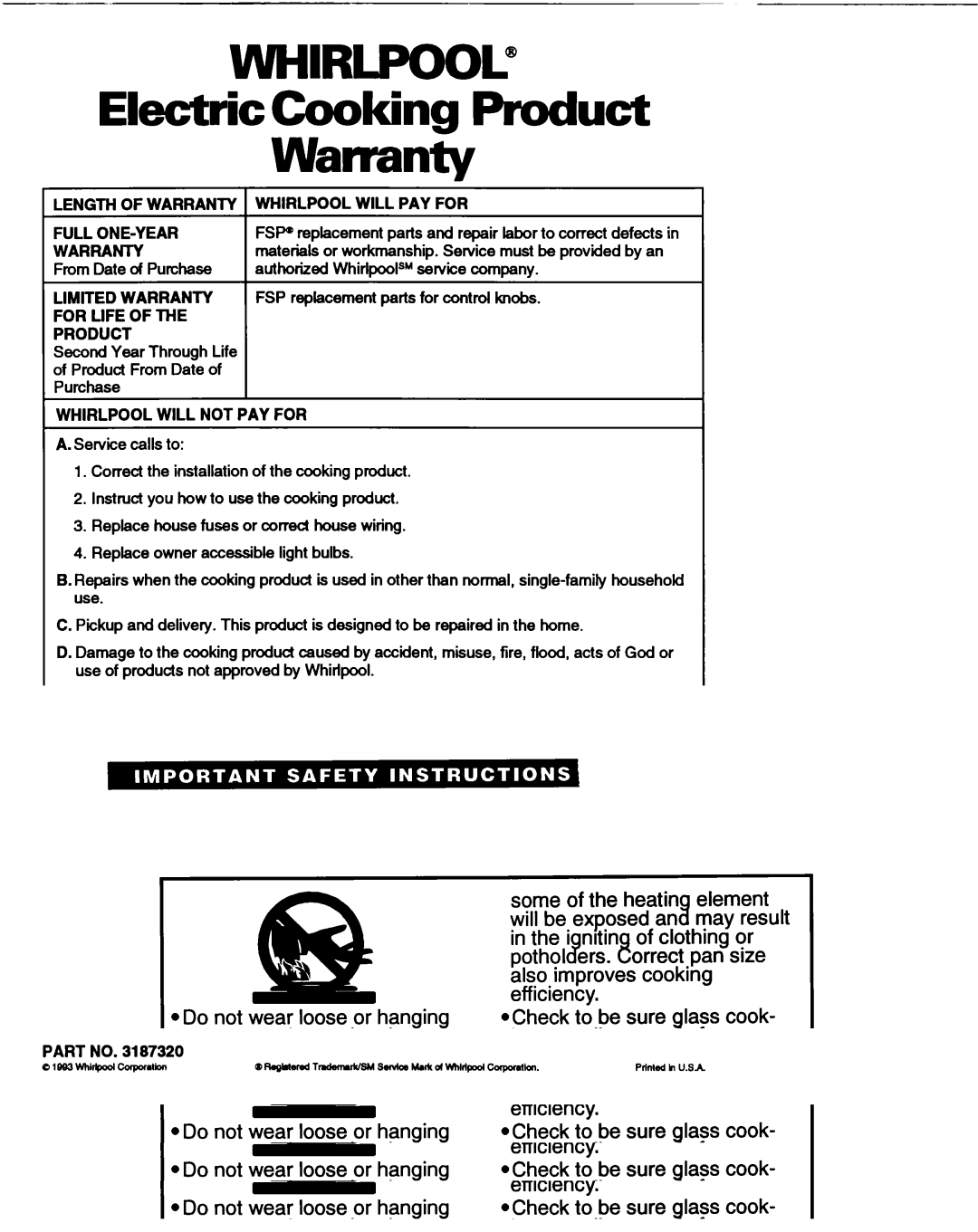 Whirlpool RF330PXA warranty ElectricCooking Product Warranty, Lee3 wlllrlpoolcoprdbn 