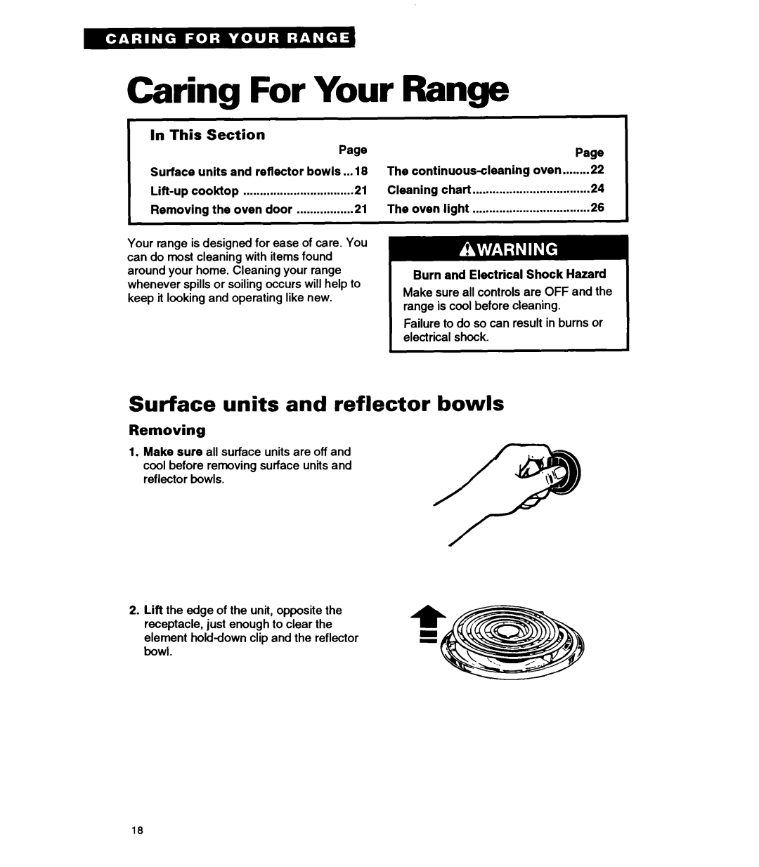 Whirlpool RF330PXA Caring For Your Range, Surface units and reflector bowls, In This, Section, Removing, Page, Cleaning 