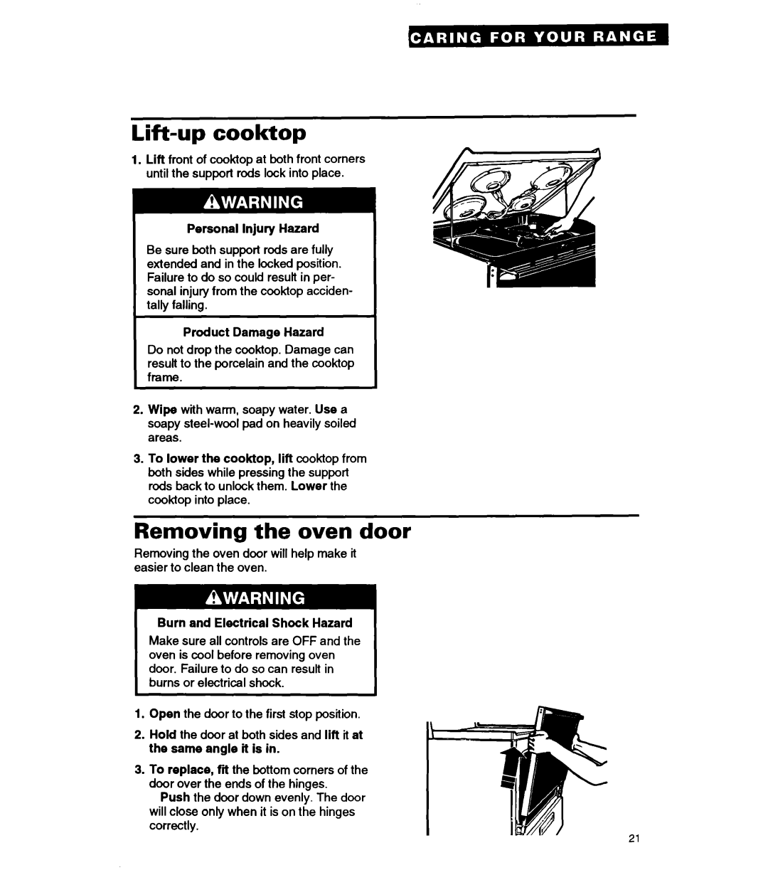 Whirlpool RF330PXA warranty Lift-upcooktop, Removing the oven door, Personal Injury Hazard, Product Damage Hazard 