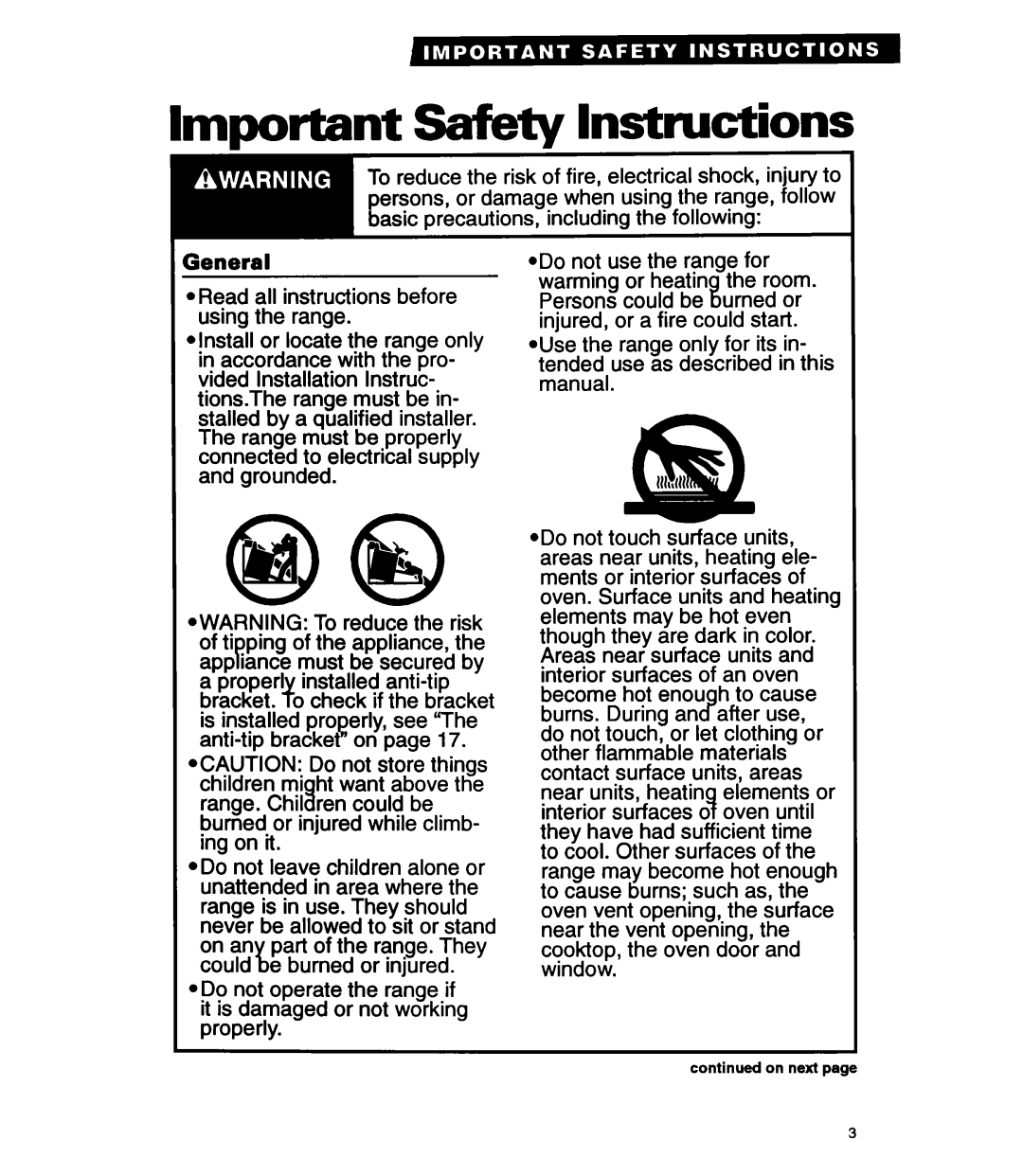 Whirlpool RF330PXA warranty Important Safety Instructions, General 